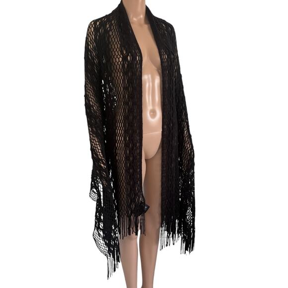 Mesh Crochet Fringe Shawl Open Knit Duster Blck Western Grunge Boho Y2K Festival - Picture 3 of 5